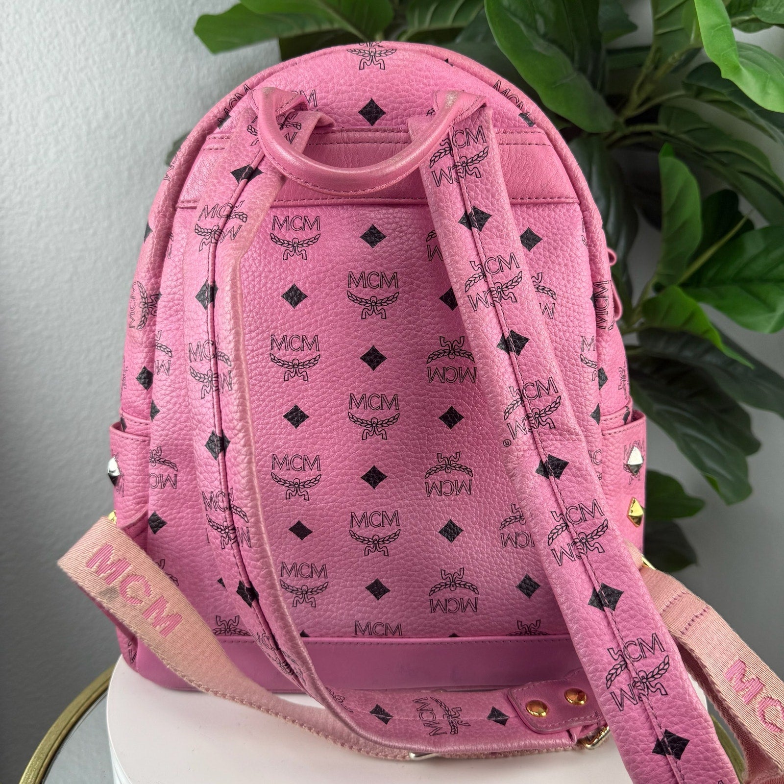 MCM Pink Visetos Studded Stark Backpack