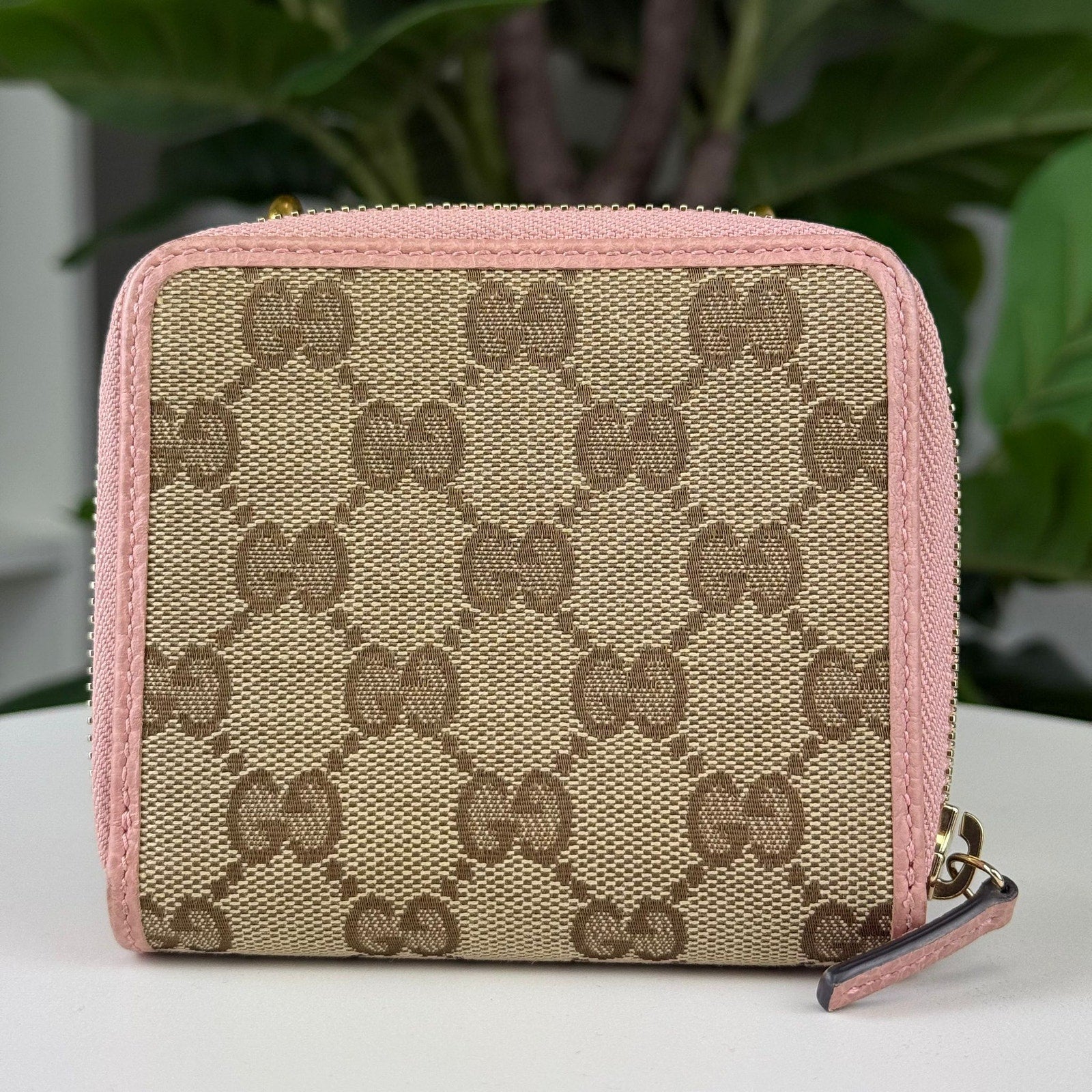 Authentic Gucci Dollar Calfskin Zip Around French Flap Wallet beige ebony Soft Pink