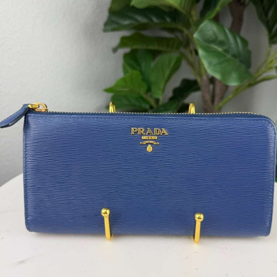 Authentic Prada Long  Blue Saffiano Leather Wallet