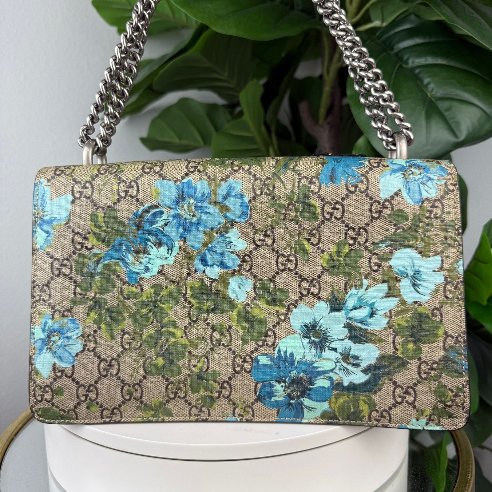 Authentic Gucci GG Supreme Monogram Blooms Print Embroidered Dionysus Shoulder Bag Blue Taupe