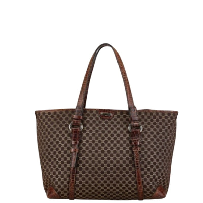 Authentic Celine Macadam Canvas Embossed Leather Tote Bag Shoulder Bag Brown