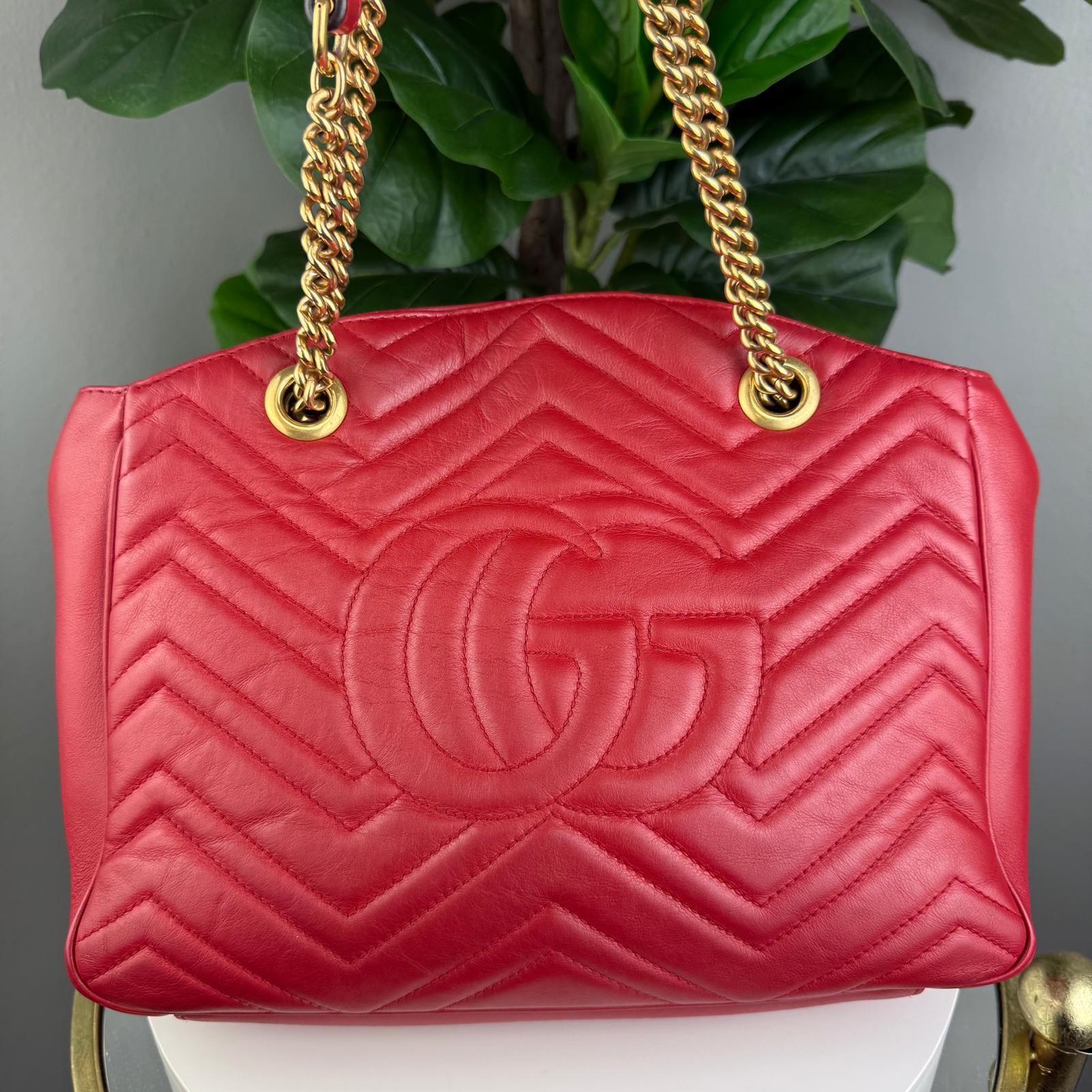 Authentic Gucci Red Quilted Leather Marmont Metelasse Tote Bag