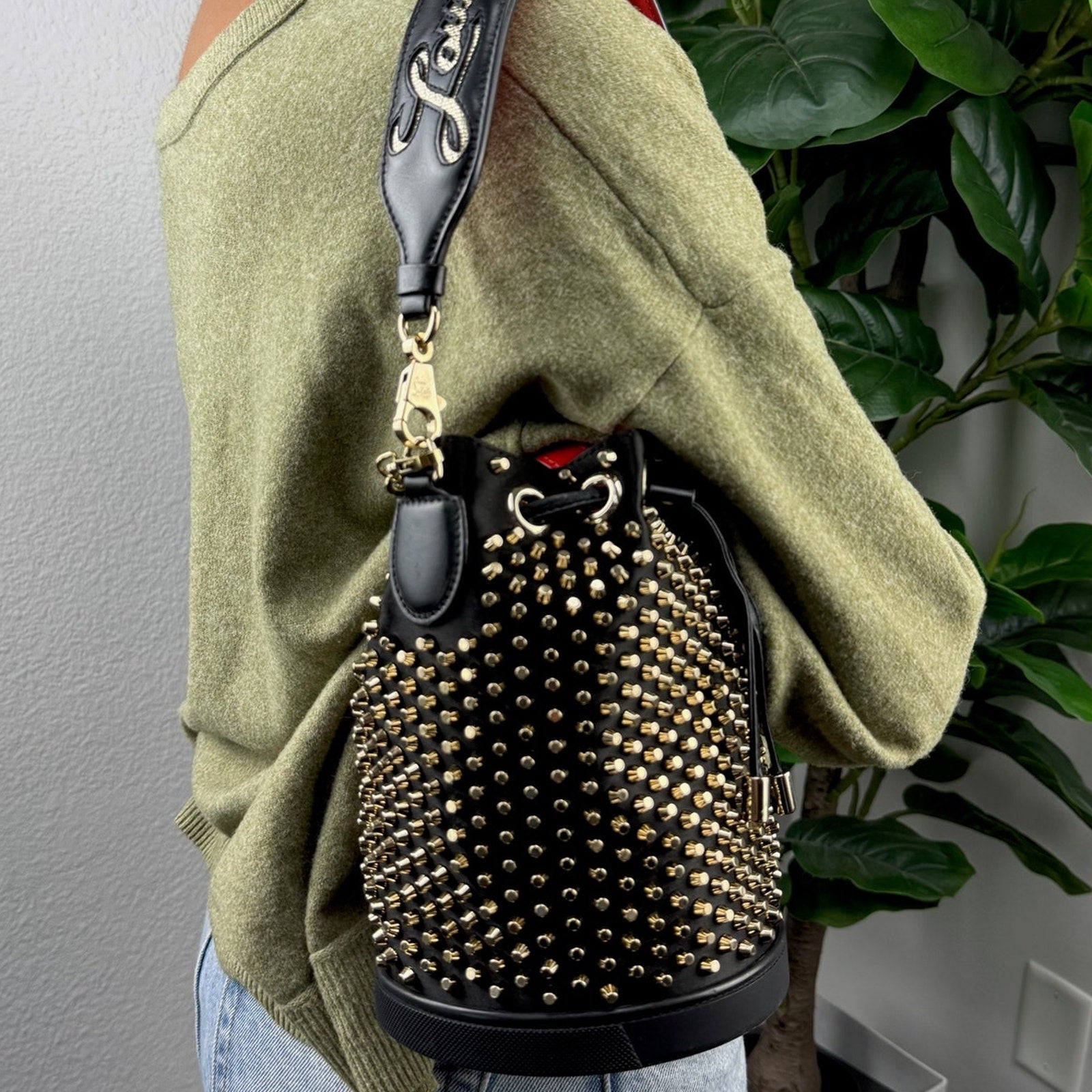 Christian Louboutin Marie Jane Bucket Bag Studded Satin and Leather