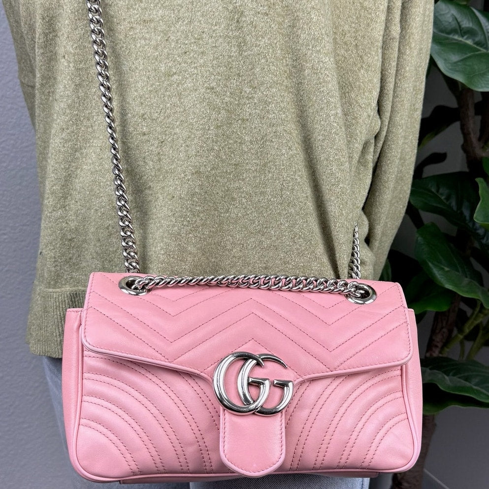 Gucci GG Marmont Small Matelassé Pink Leather Shoulder Bag Authentic Pre Owned