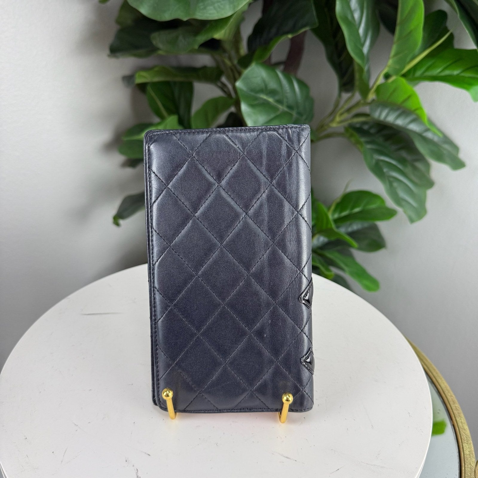 Authentic Chanel Cambon Quilted Lambskin Long Wallet - Black Pink Interior
