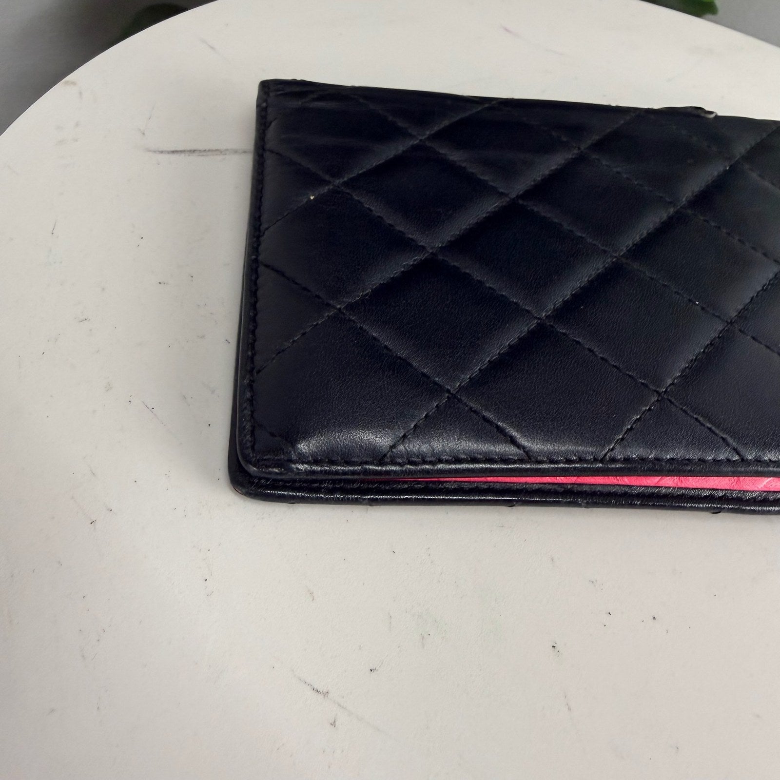 Authentic Chanel Cambon Quilted Lambskin Long Wallet - Black Pink Interior