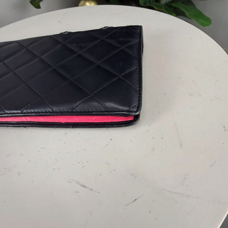 Authentic Chanel Cambon Quilted Lambskin Long Wallet - Black Pink Interior