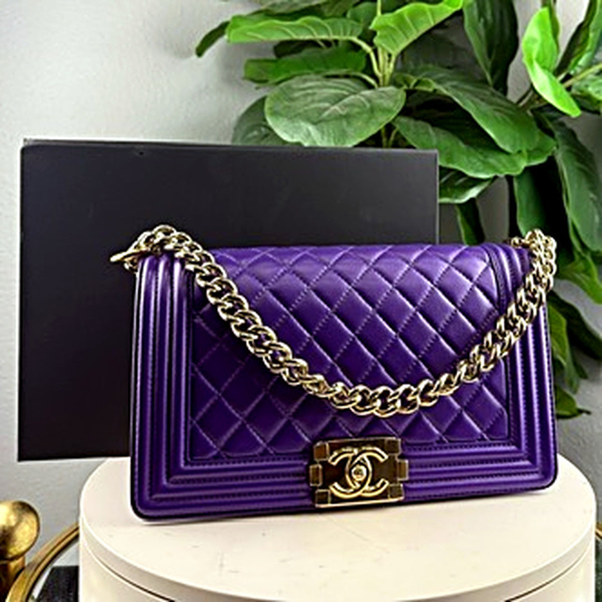 Authentic Chanel Le Boy purple diamond quilted lambskin bag, front view showing gold CC turnlock