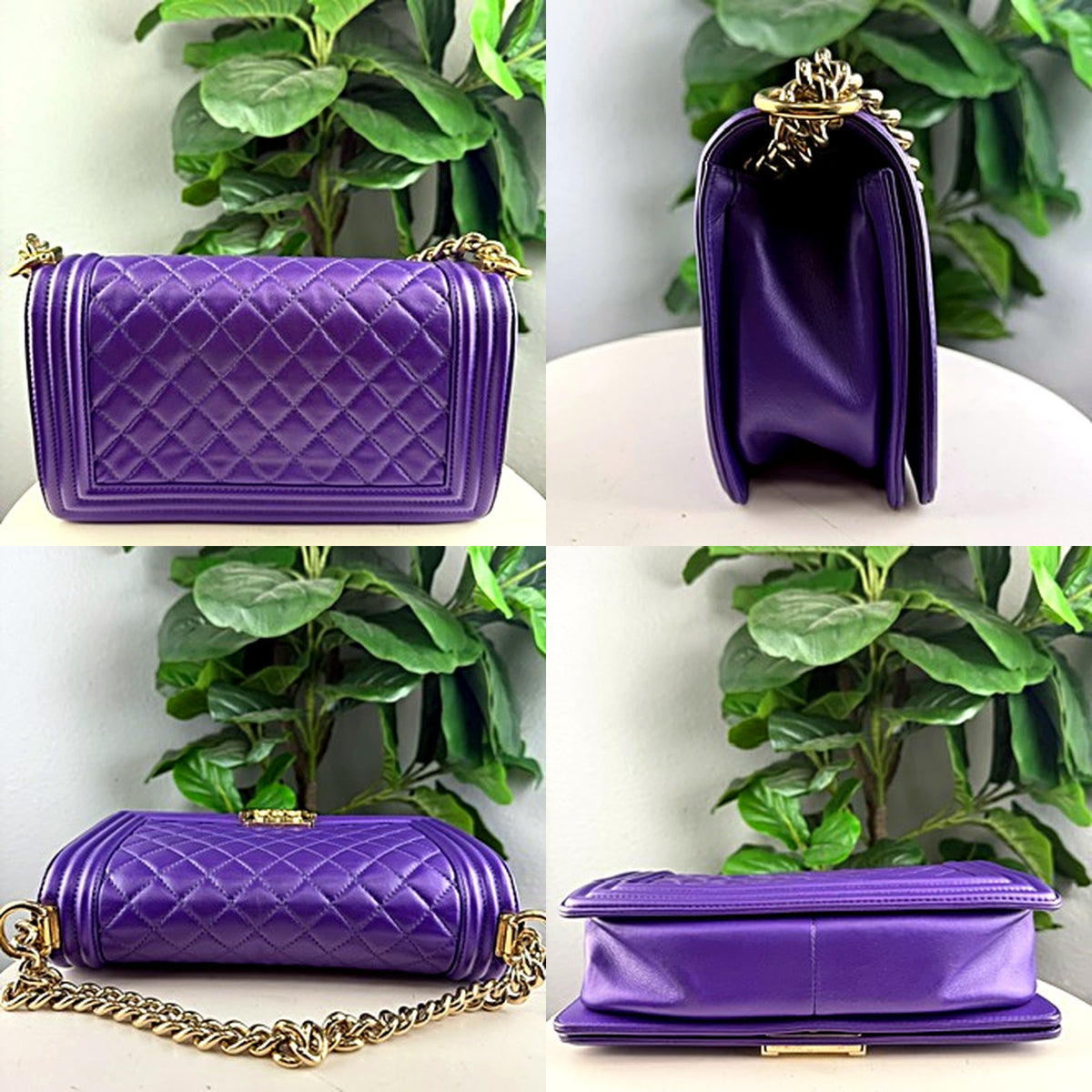 Chanel Le Boy purple bag, back, other side, side-lying, and bottom views