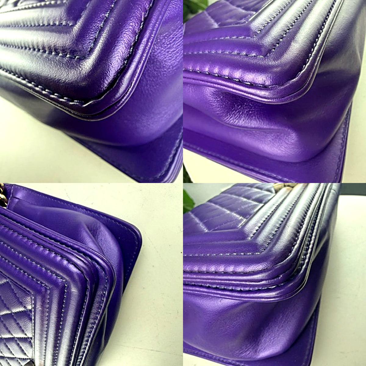Chanel Le Boy purple bag, corner and stitching detail macros