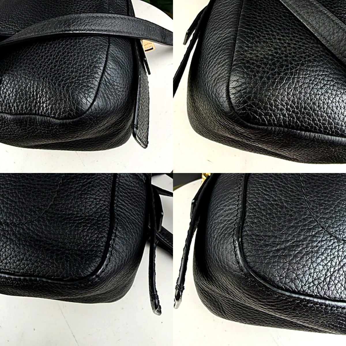 Authentic Coach black pebbled leather mini backpack, corner and edge detail