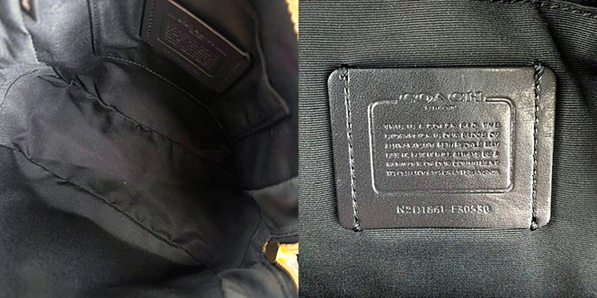 Authentic Coach black pebbled leather mini backpack, interior and serial number tag