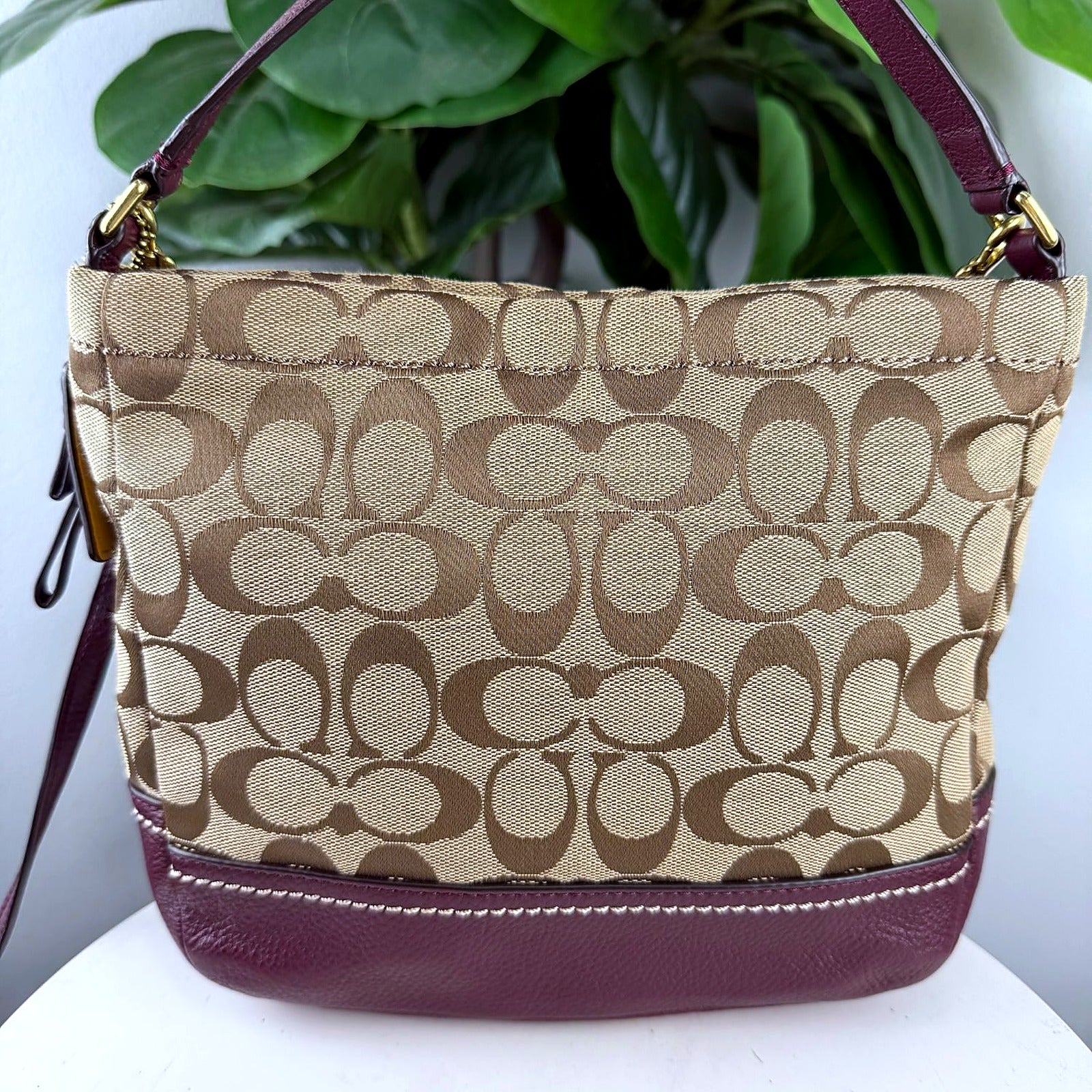 Authentic Coach Tan Signature Canvas Hobo Bag with Plum Leather Trim - back view