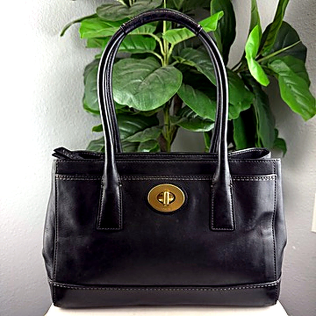 Authentic Coach Black Leather Turnlock Tote Bag - front