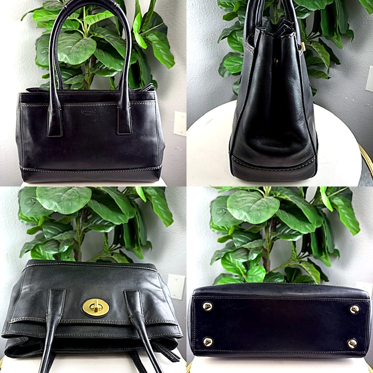 Authentic Coach Black Leather Turnlock Tote Bag - detail views