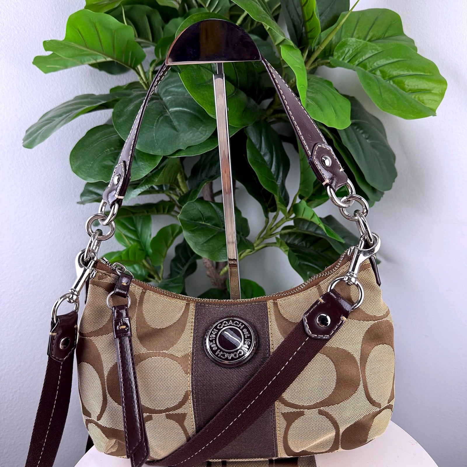 Authentic Coach Tan Signature Canvas Shoulder Bag with Chain Strap - front