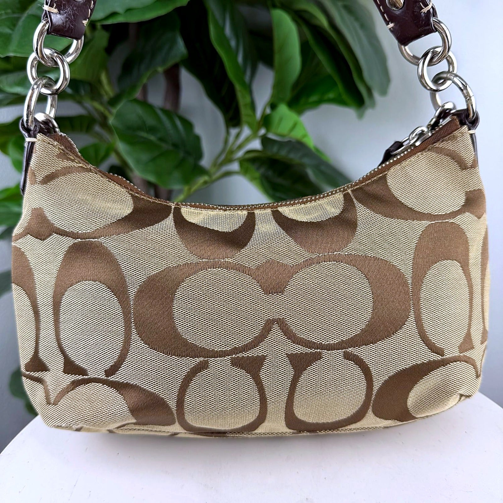 Authentic Coach Tan Signature Canvas Shoulder Bag with Chain Strap - back