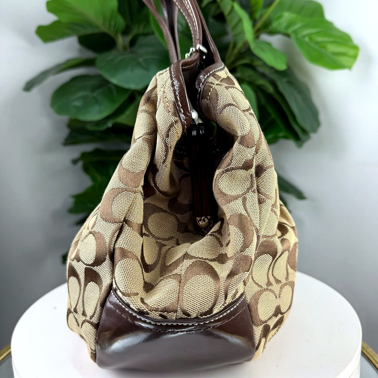 Authentic Coach Khaki Signature Canvas Kiss-Lock Hobo Bag