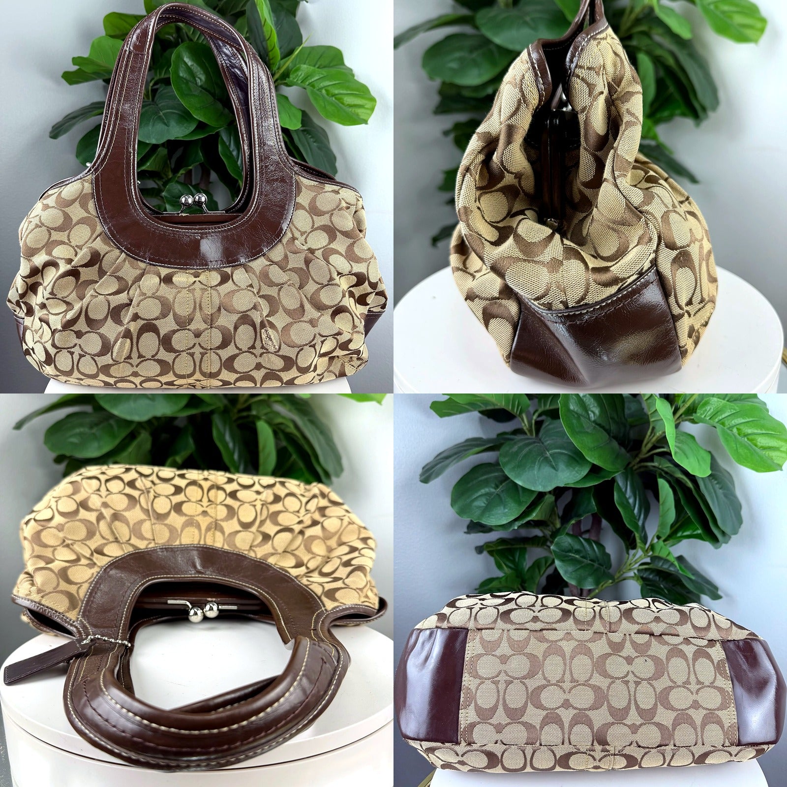 Authentic Coach Khaki Signature Canvas Kiss-Lock Hobo Bag
