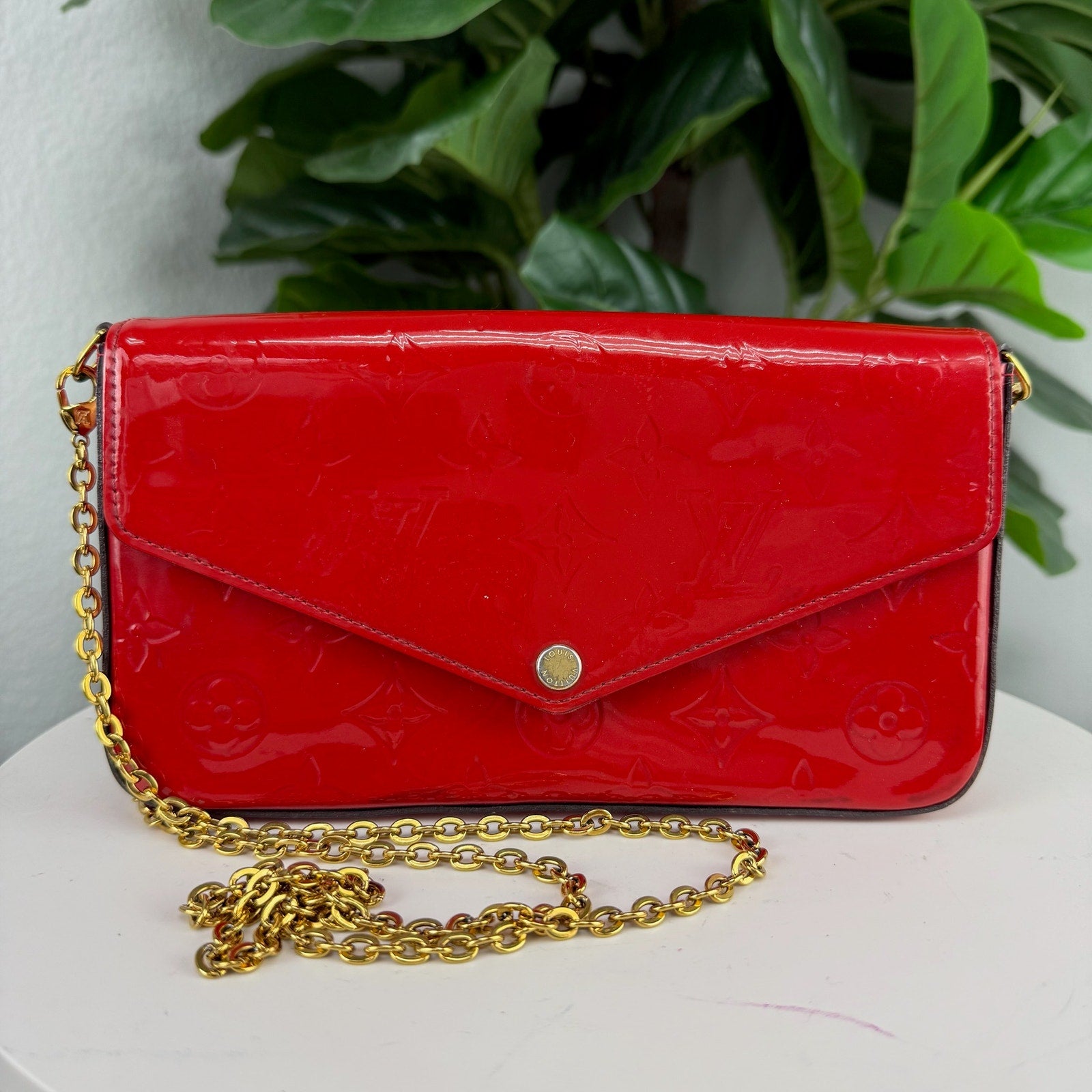 Louis Vuitton Vernis Monogram Red Patent Leather Chain Shoulder Bag Authentic Pre Owned