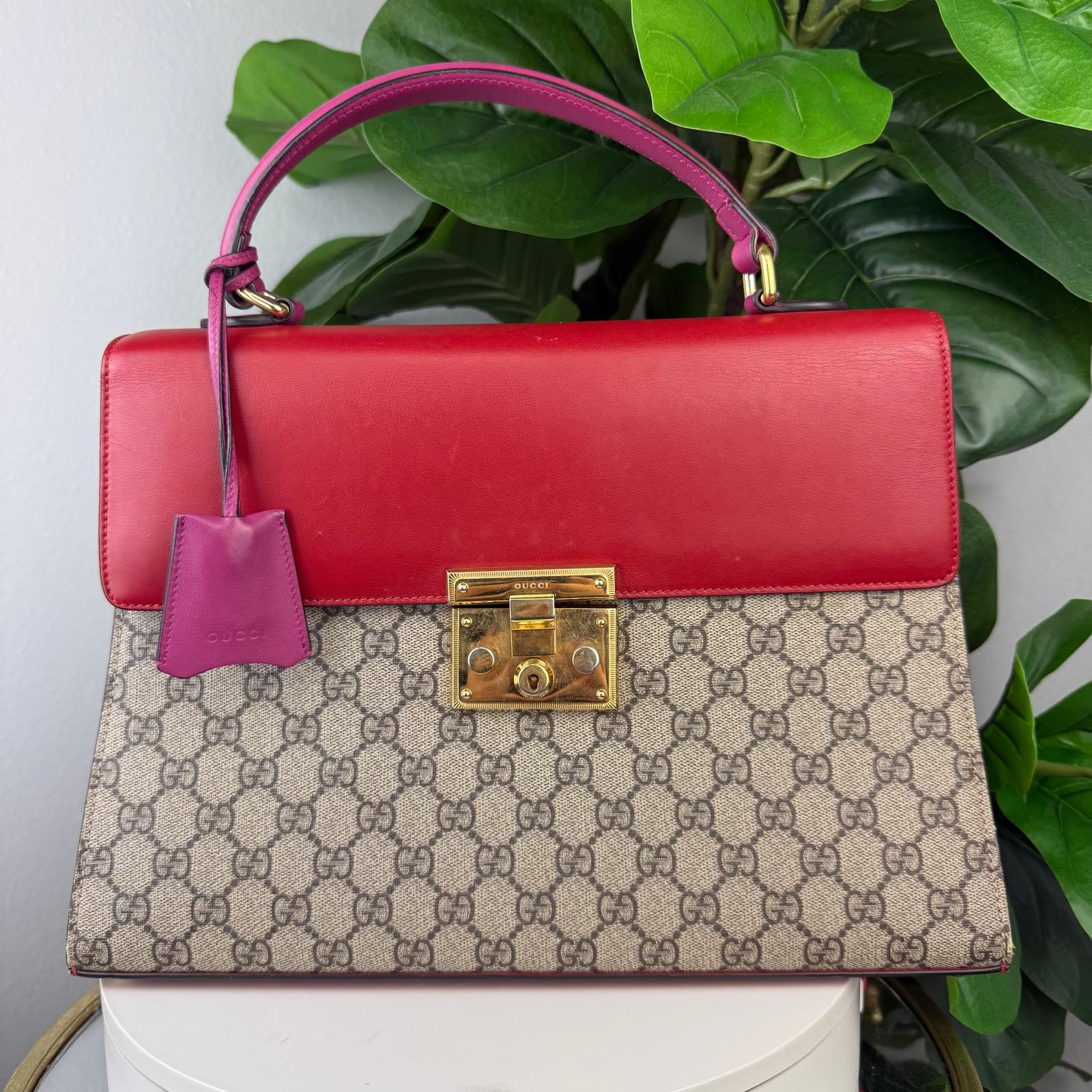 Authentic Gucci Red GG Supreme Coated Canvas and Leather Signature Padlock Hand Bag
