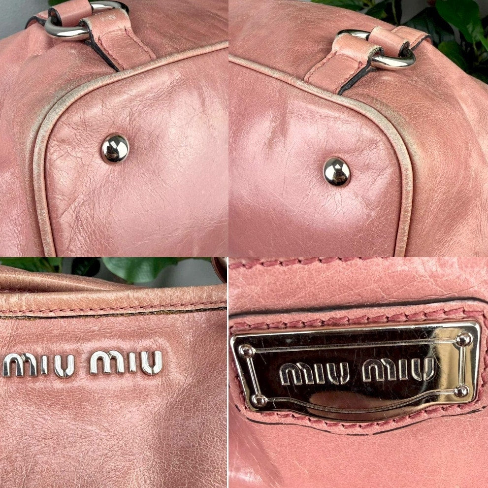 Authentic Miu Miu Vitello Shine 2-way Handbag Pnk Leather