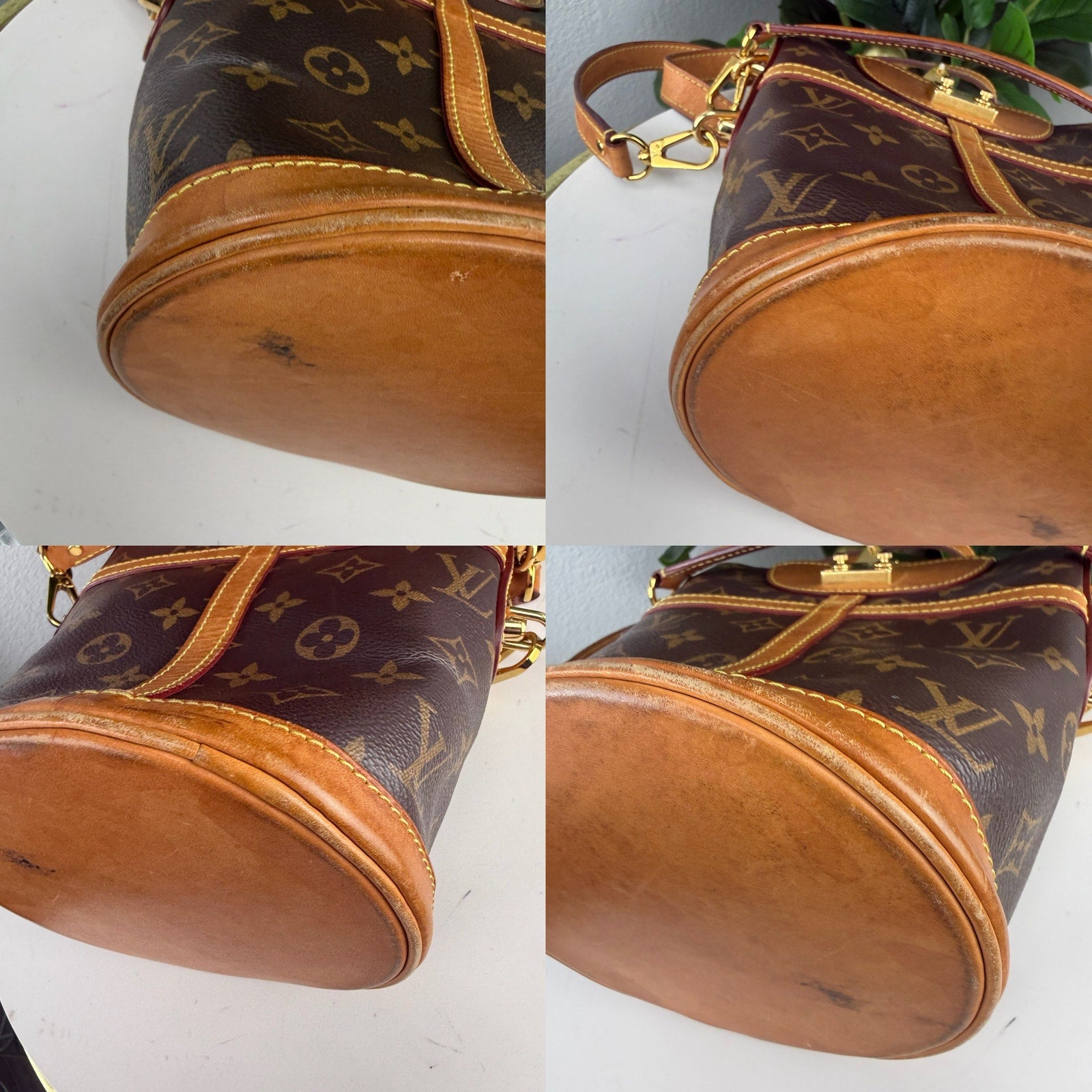 Louis Vuitton Monogram Canvas Brown Leather Bucket Crossbody Bag Authentic Vintage Pre Owned