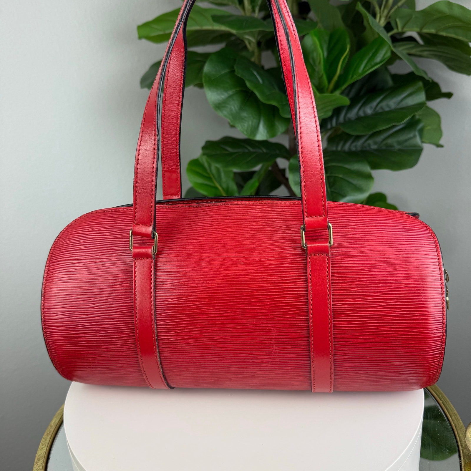 Authentic Louis Vuitton Epi Soufflot Bag Red