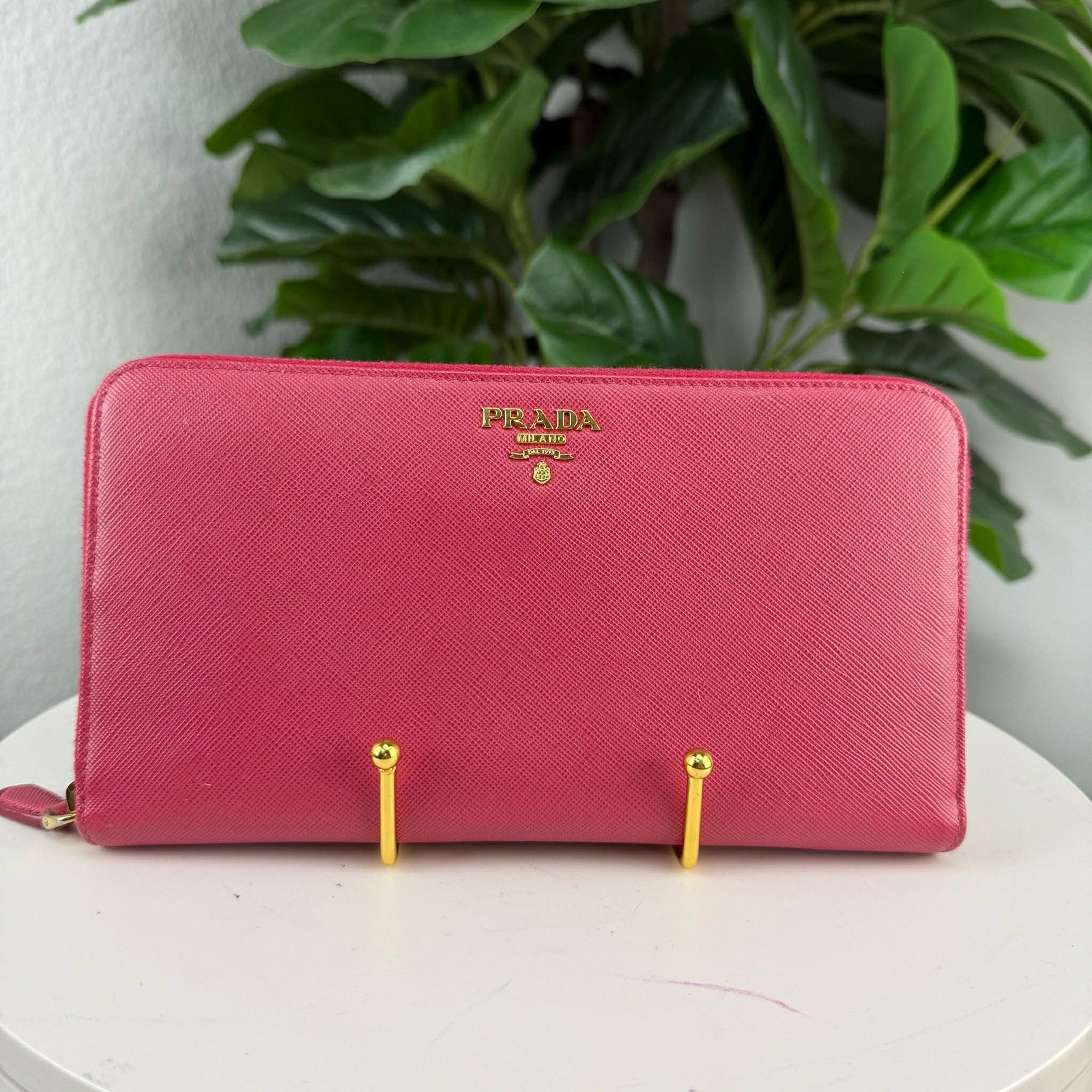 Prada Saffiano Leather Pink Zippy Wallet Authentic Pre Owned
