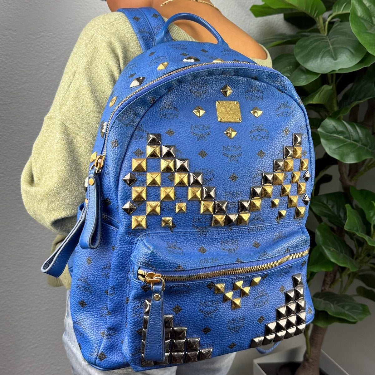 MCM Stark Studded Visetos Blue Leather Backpack Authentic Pre Owned