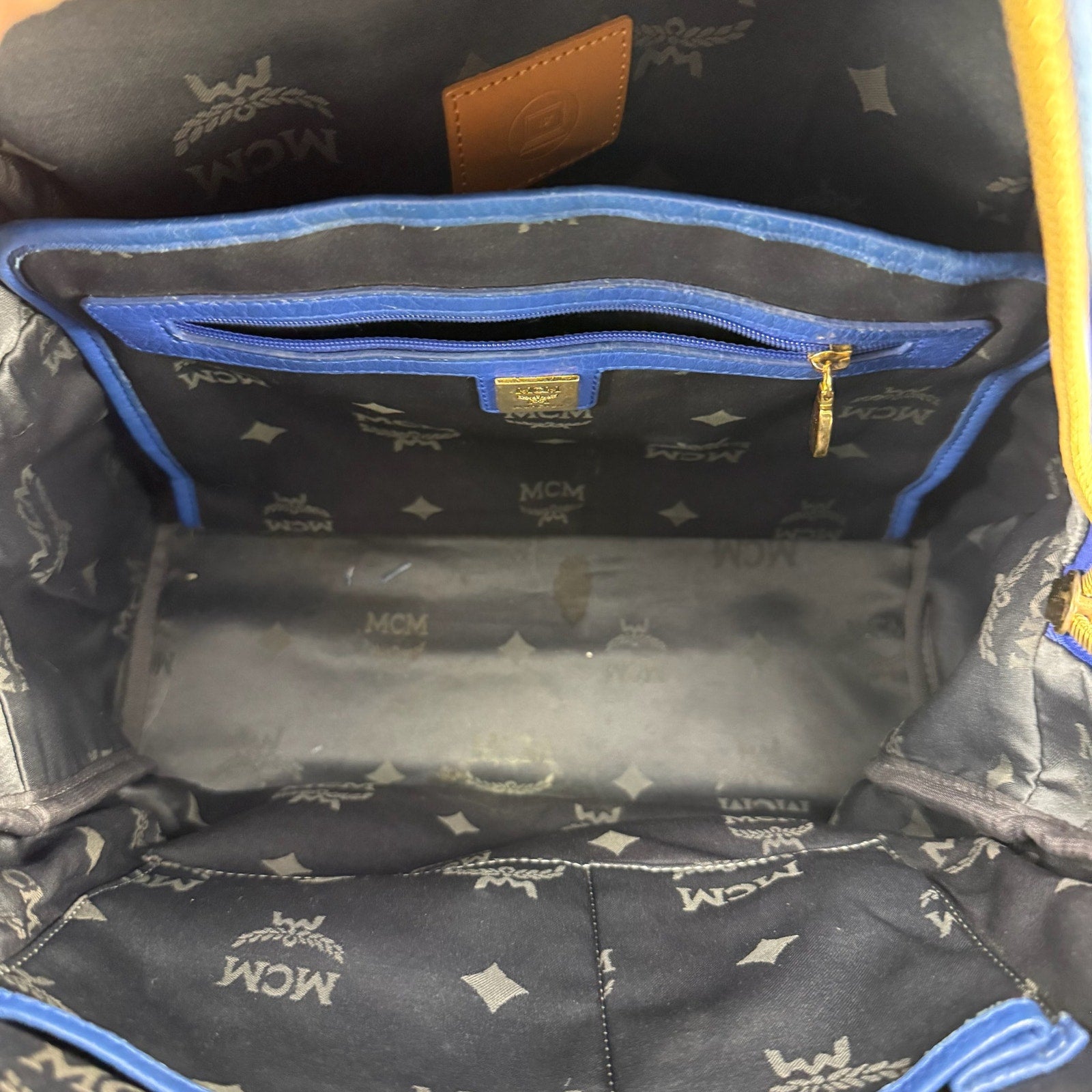 MCM Stark Studded Visetos Blue Leather Backpack Authentic Pre Owned