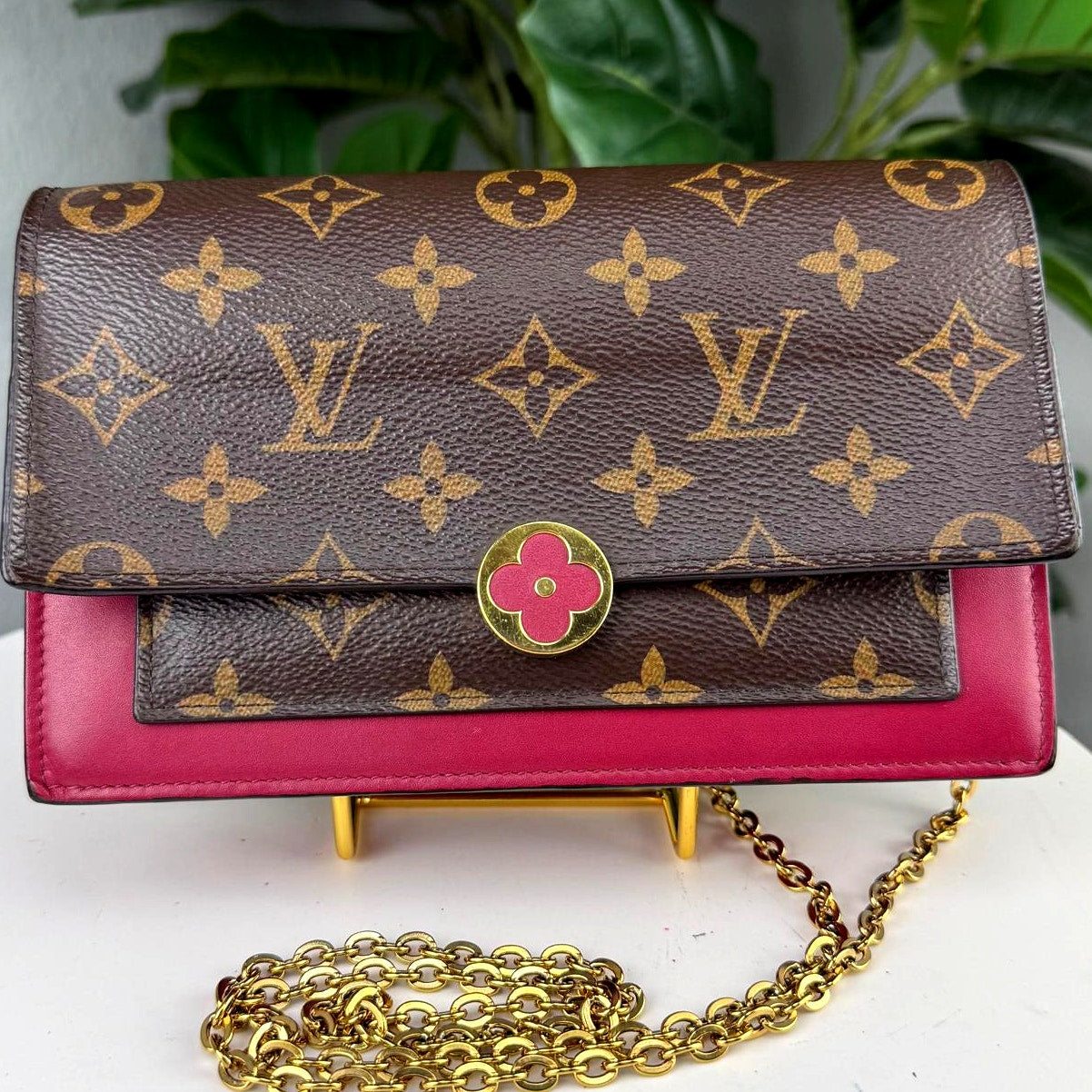 Authentic Louis Vuitton Flore Chain Brown Monogram Canvas Fuchsia