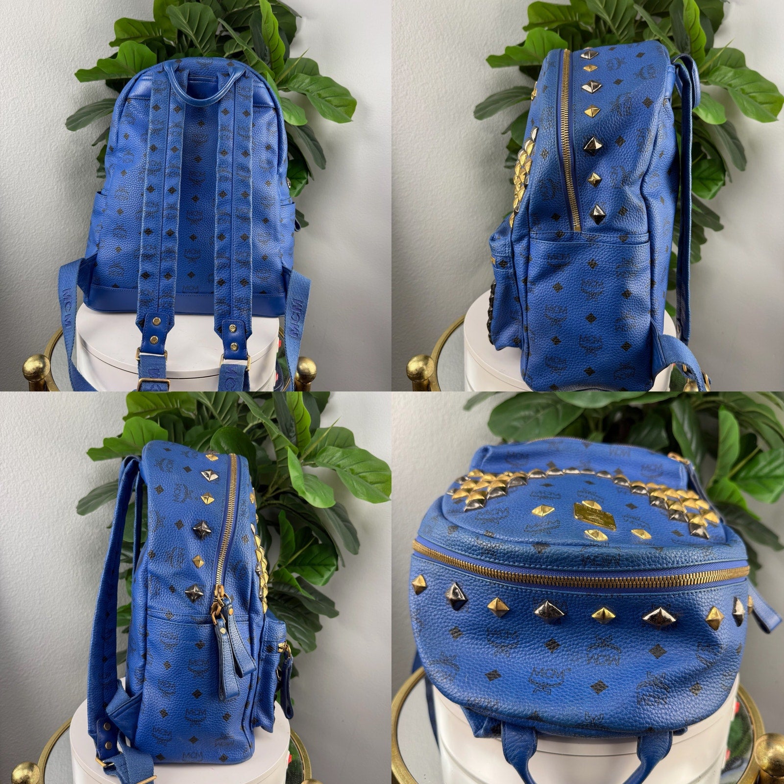 MCM Stark Studded Visetos Blue Leather Backpack Authentic Pre Owned