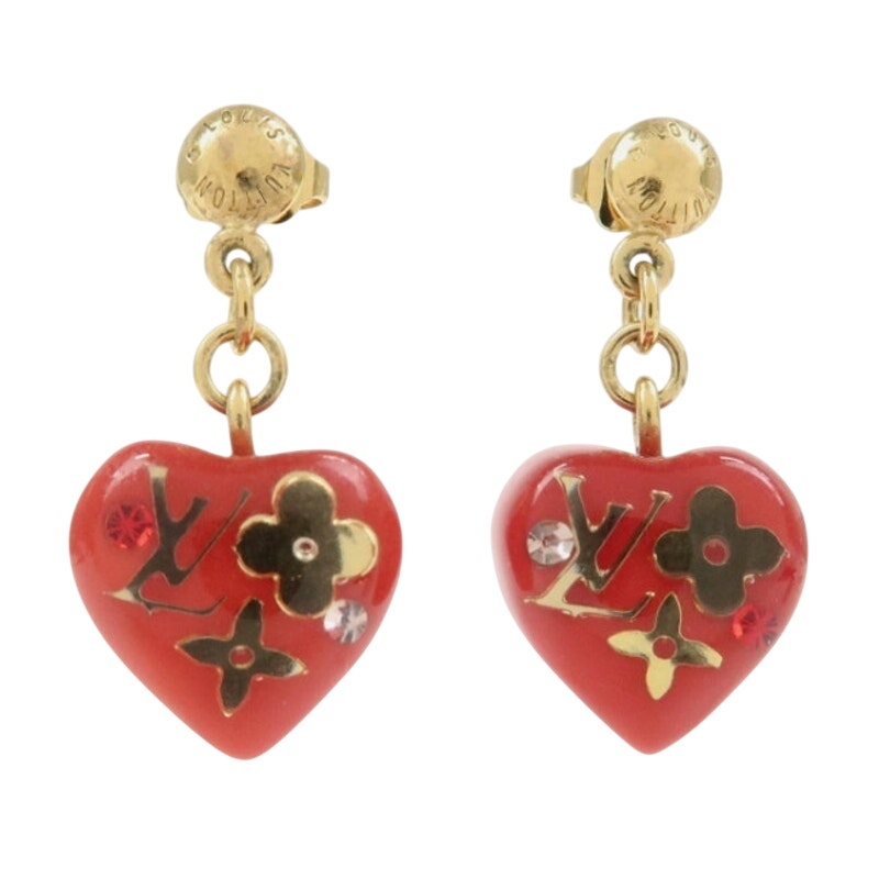 Authentic Louis Vuitton Resin & Crystal Inclusion heart Drop Earrings Red