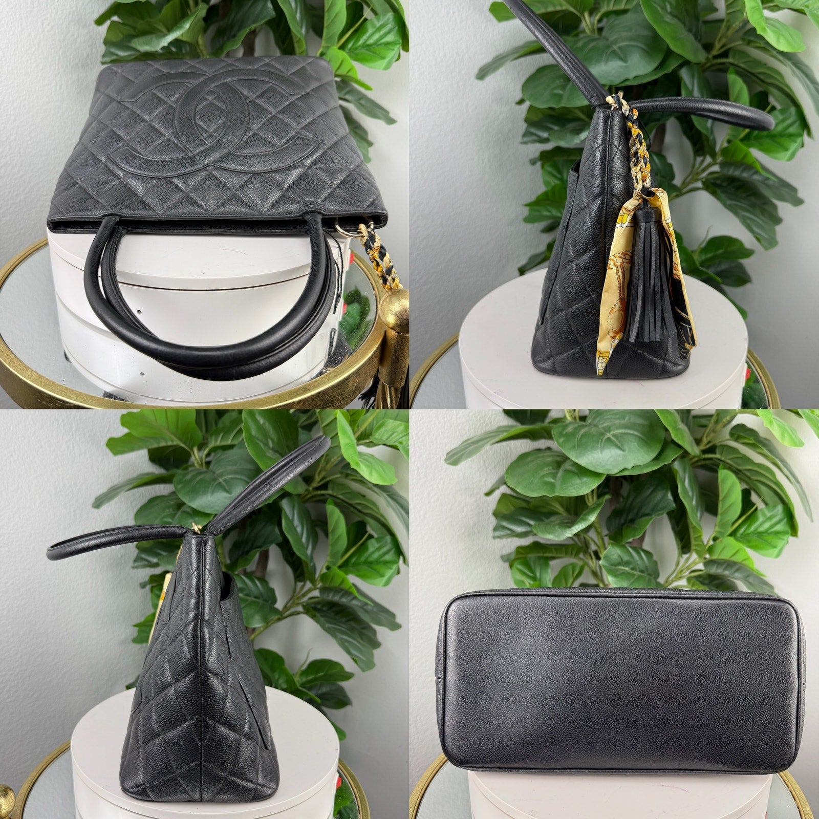 Chanel Caviar Leather Black Quilted CC Tote Shoulder Bag Authentic Pre Owned