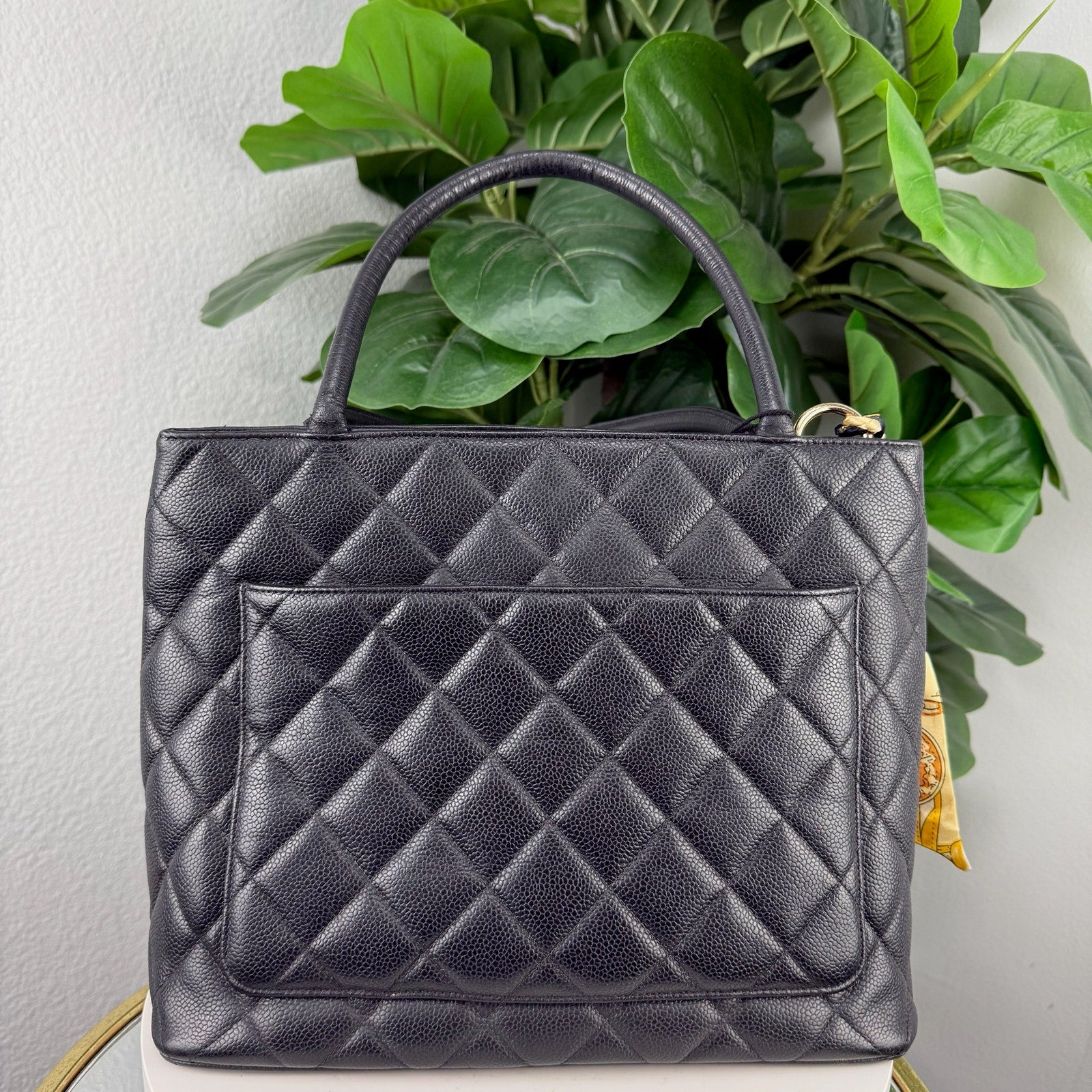 Chanel Caviar Leather Black Quilted CC Tote Shoulder Bag Authentic Pre Owned