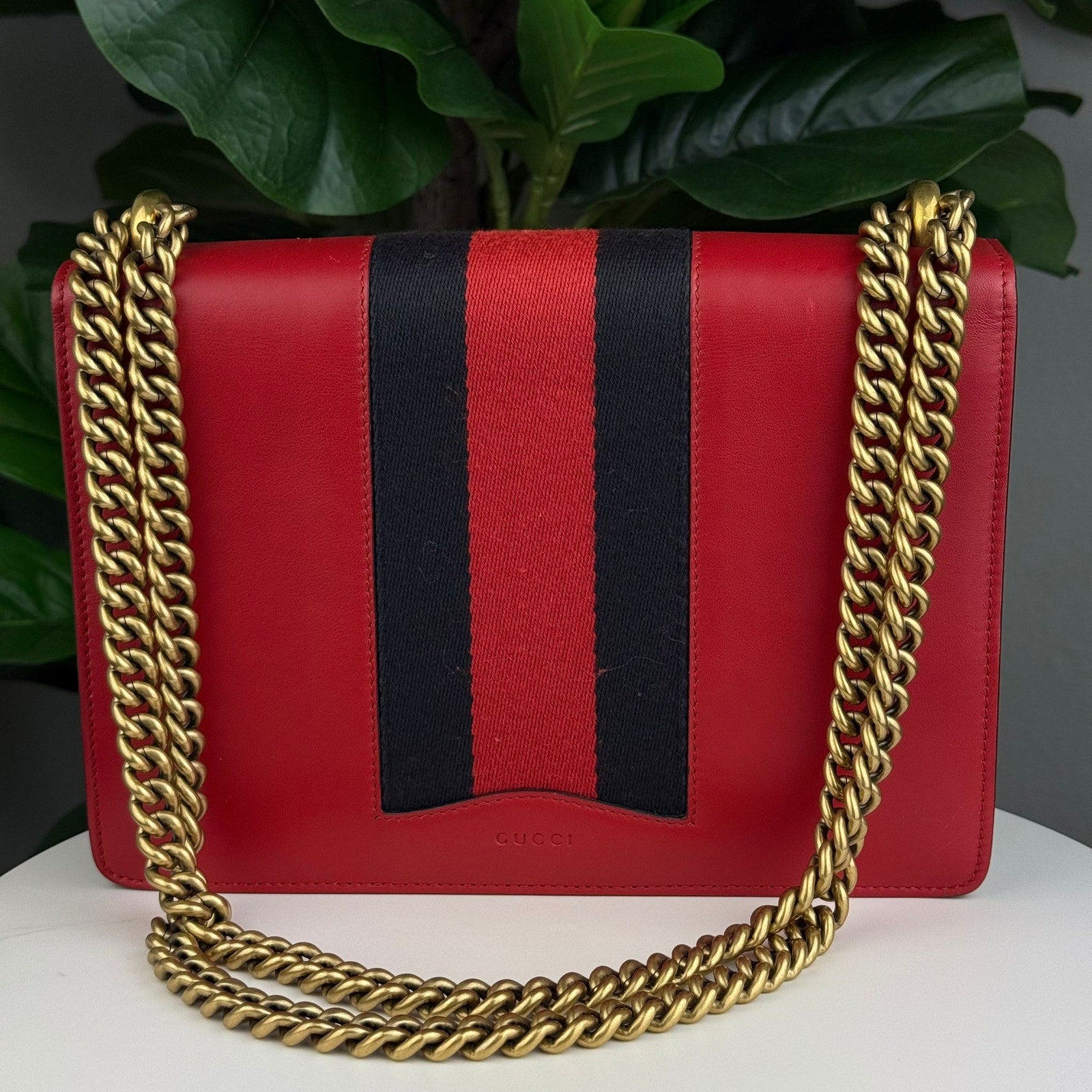 Authentic Gucci Red Leather Peony Eye Chain Shoulder Bag