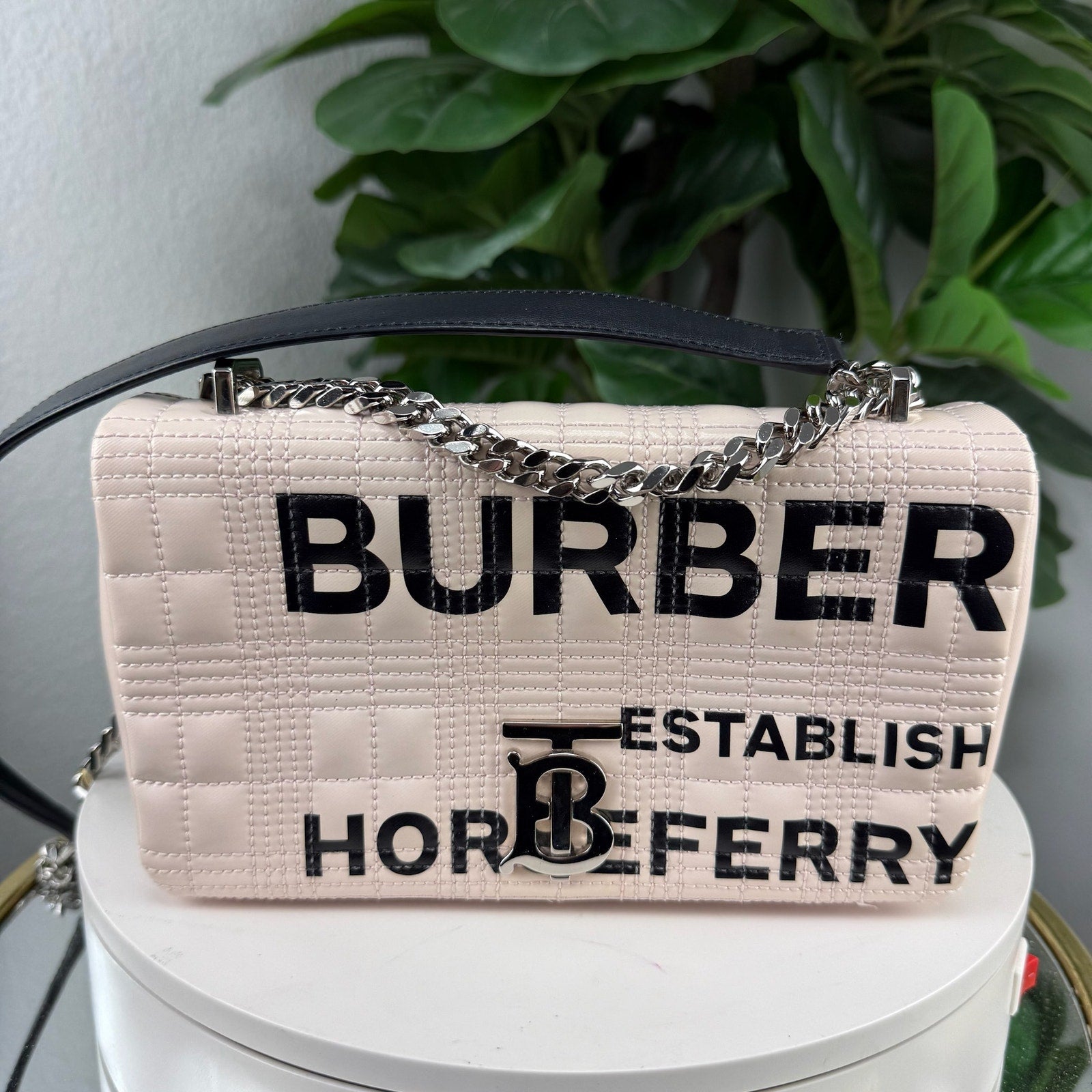 Burberry White/Black Quilted Coated Canvas Logo Print Small Lola Bag