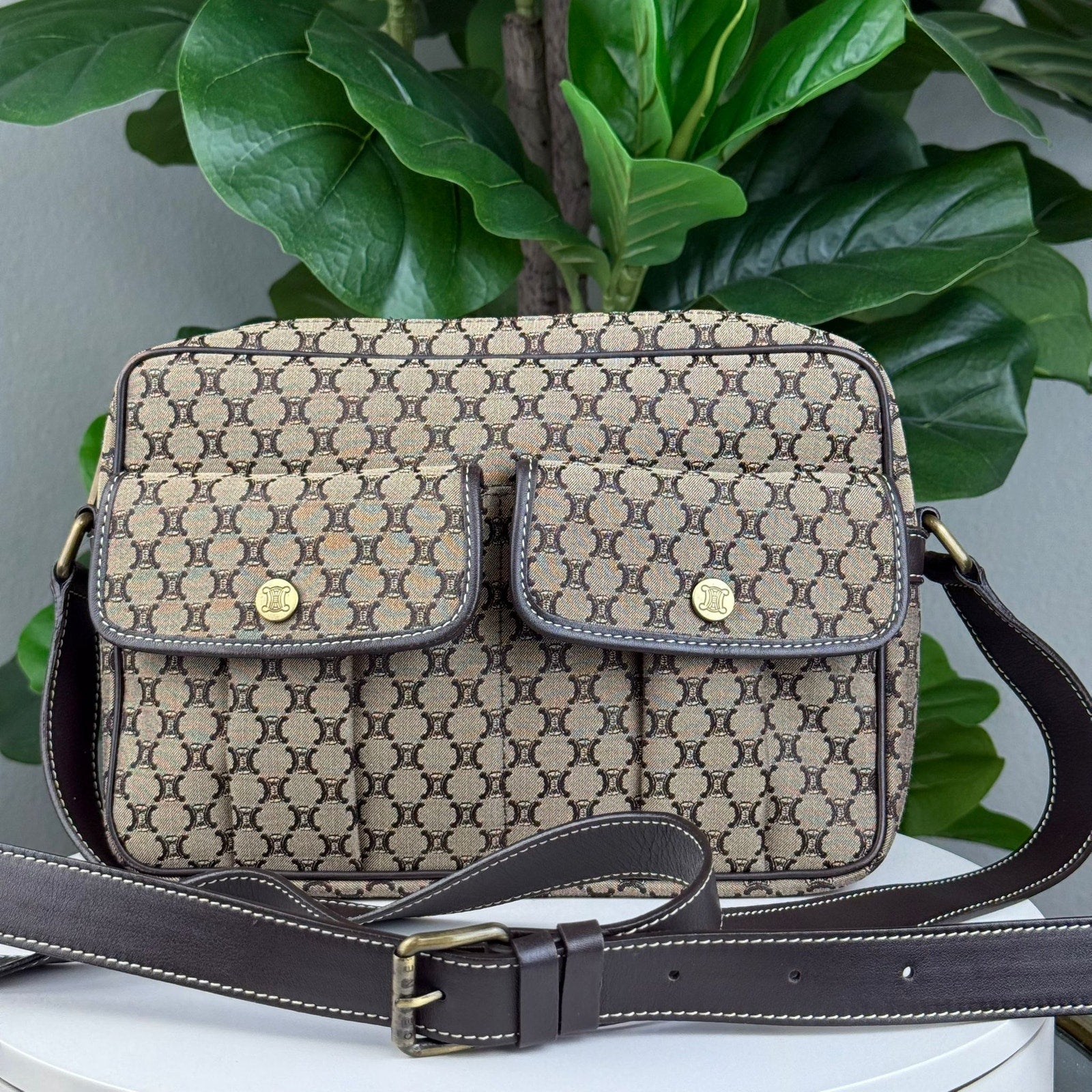 Authentic CELINE Macadam Canvas Leather Crossbody Bag