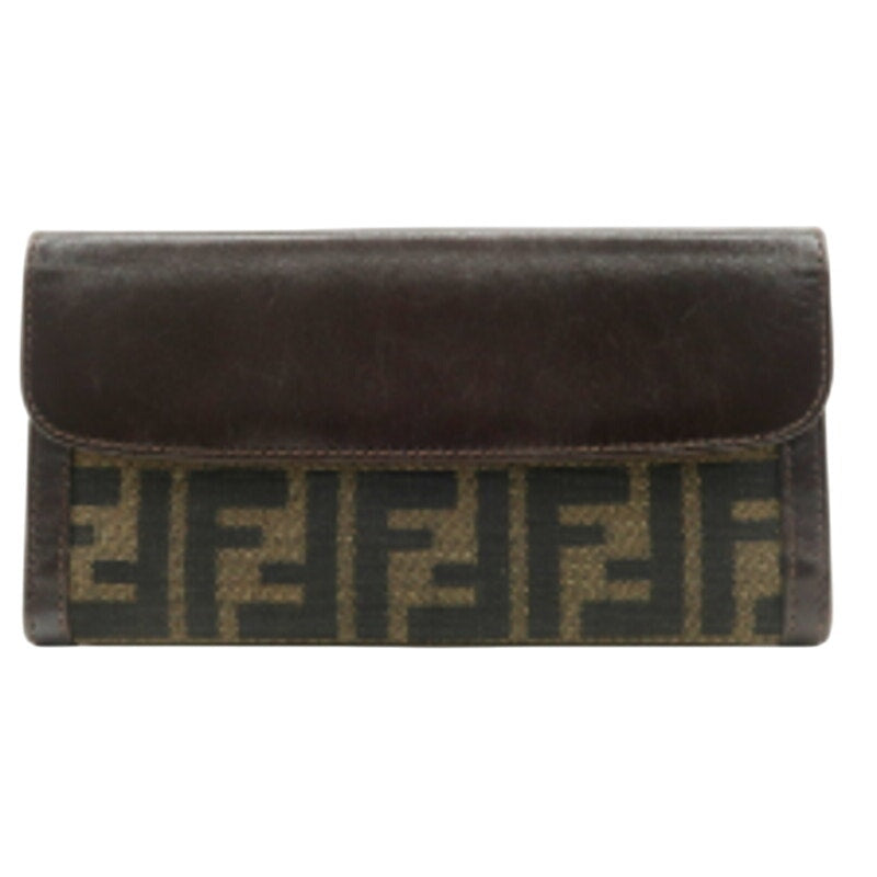 Authentic FENDI Zucca Canvas Leather W Hook Long Wallet Brown