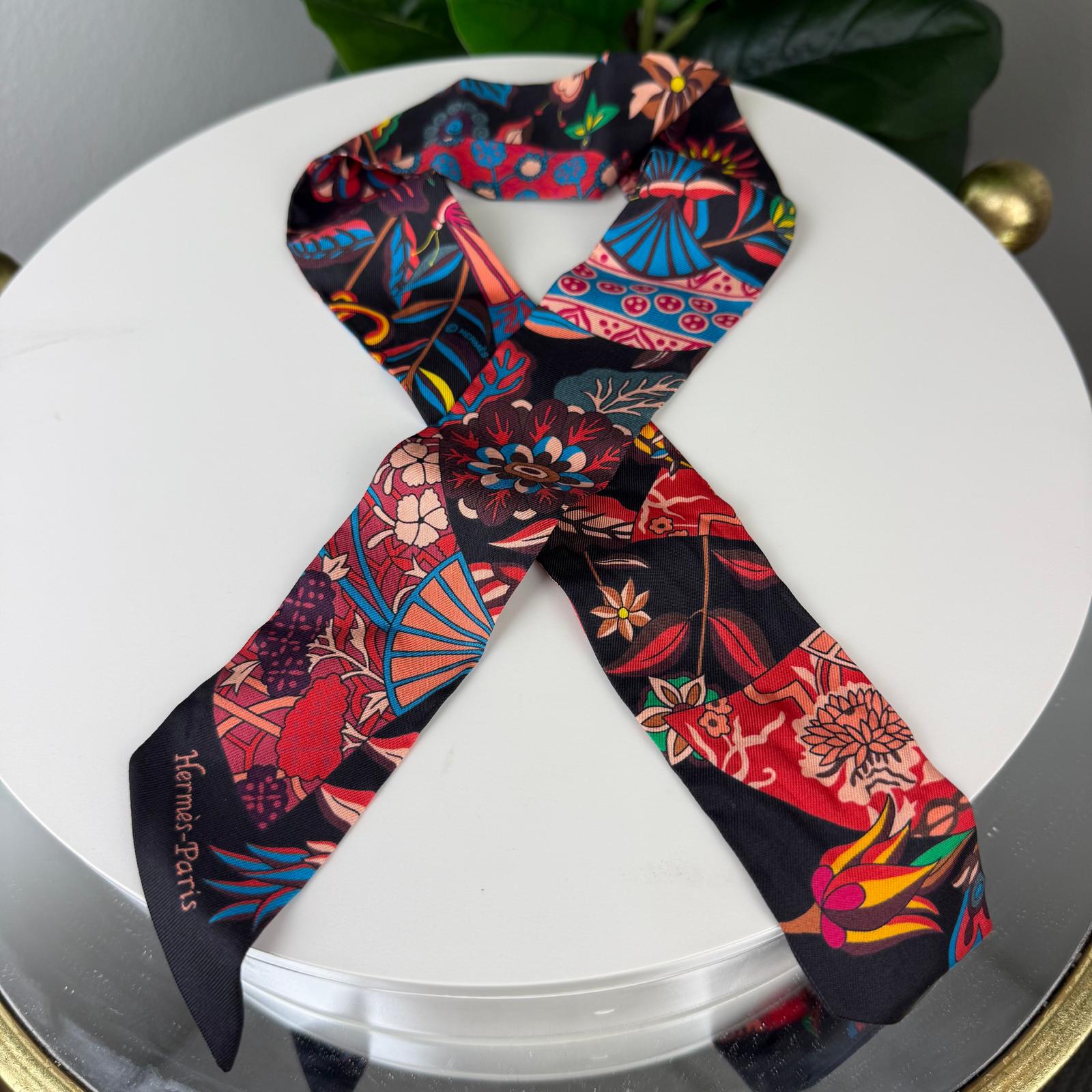 Authentic HERMES Silk Black Red Scarf