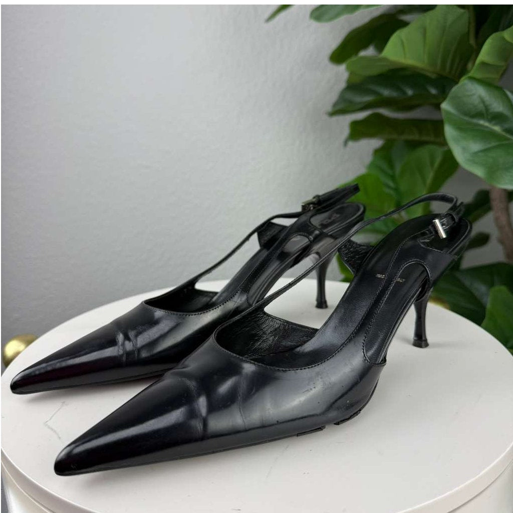 Authentic Prada Black Leather Slingback Pumps Kitten Heel