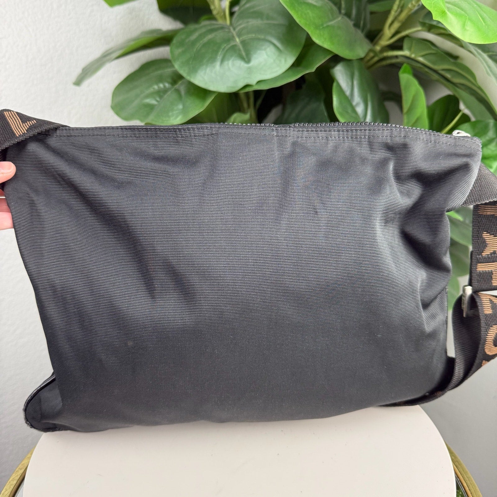 Fendi Logo Nylon Shoulder Bag Black Gold