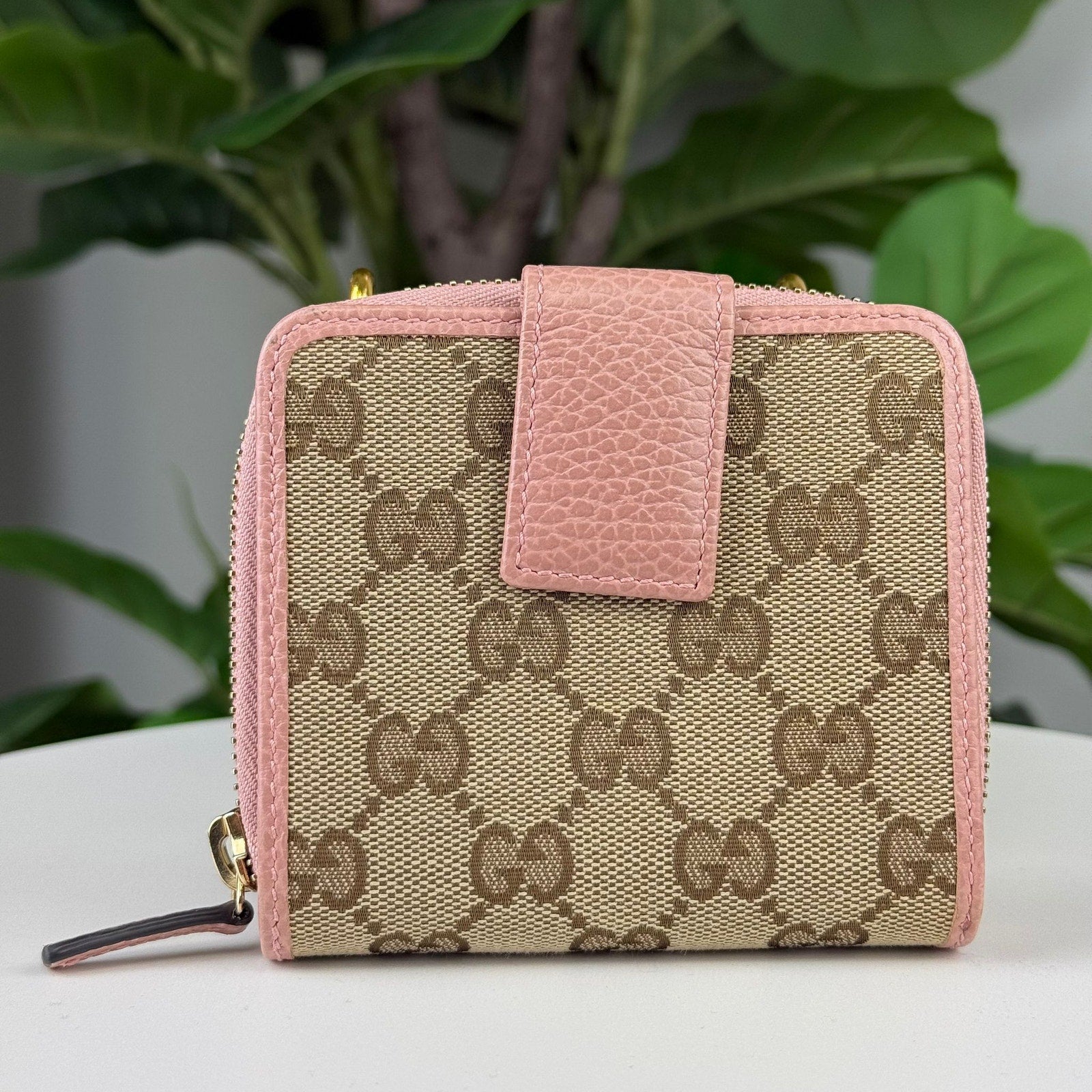 Authentic Gucci Dollar Calfskin Zip Around French Flap Wallet beige ebony Soft Pink