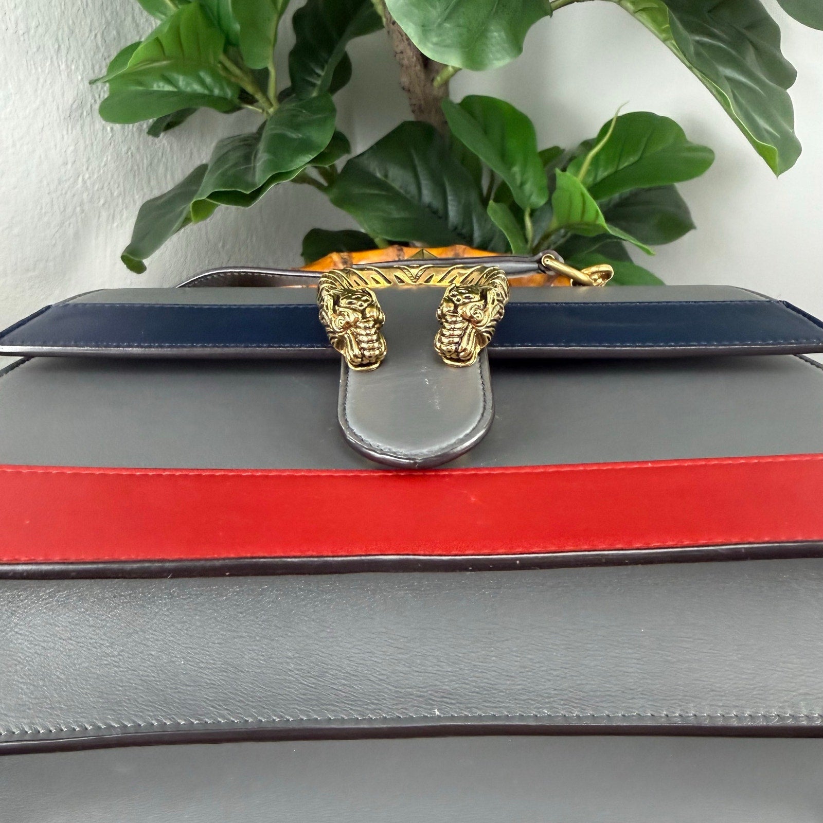Gucci Bamboo Leather Gray Navy Blue Red Top Handle Shoulder Bag Authentic Pre Owned