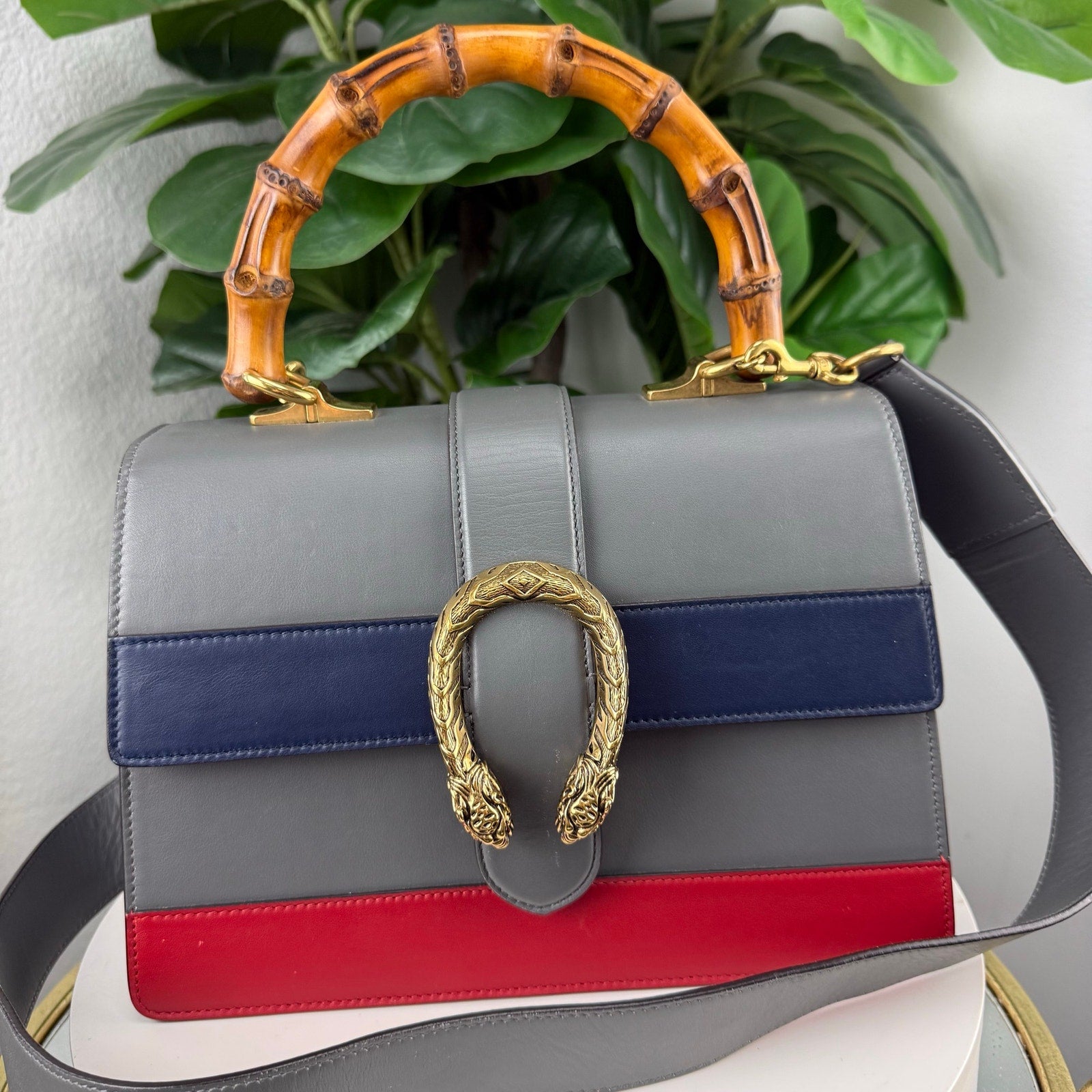 Gucci Bamboo Leather Gray Navy Blue Red Top Handle Shoulder Bag Authentic Pre Owned