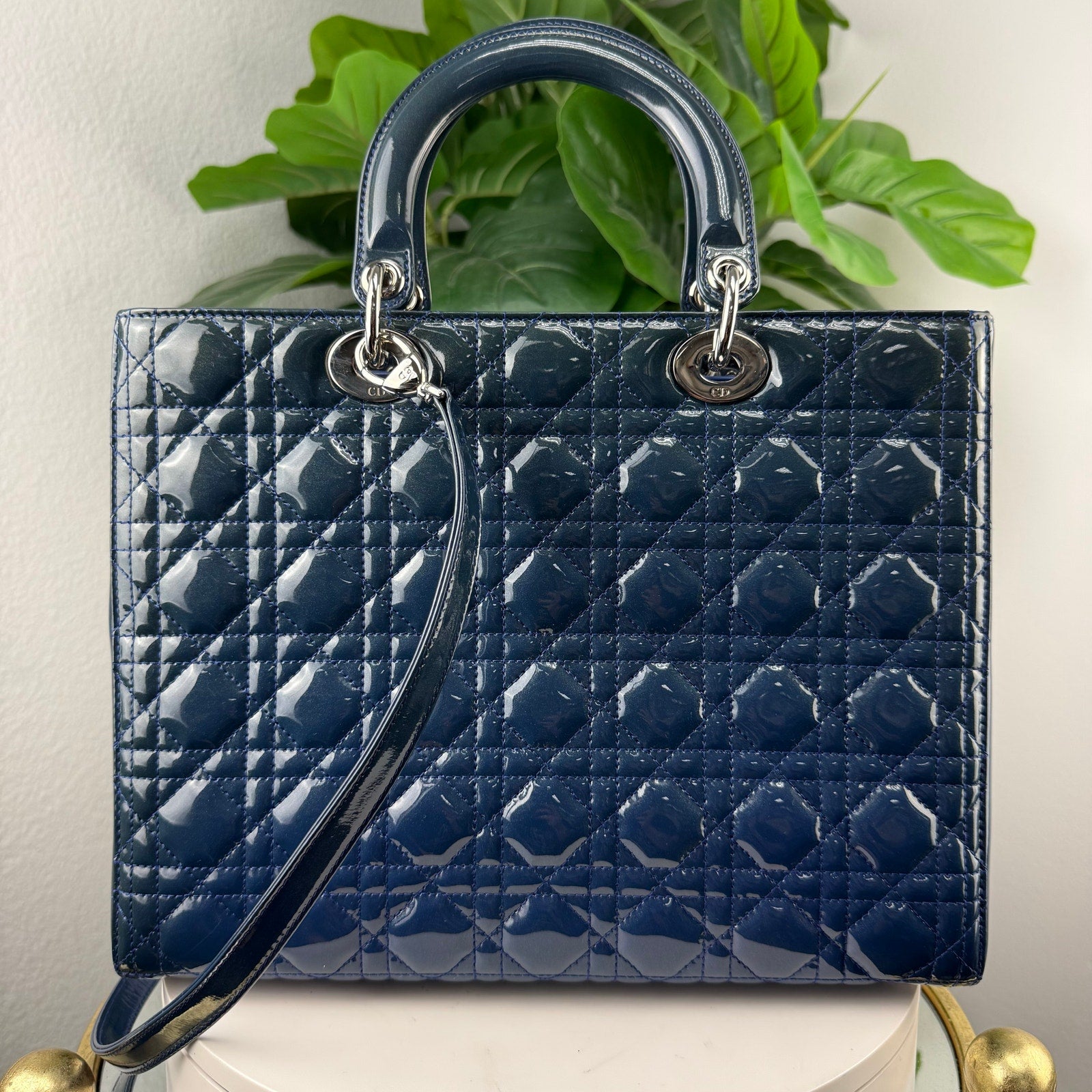 Christian Dior Large Lady Dior Cannage Quilted Patent Leather Teal Bag Authentic Pre Owned