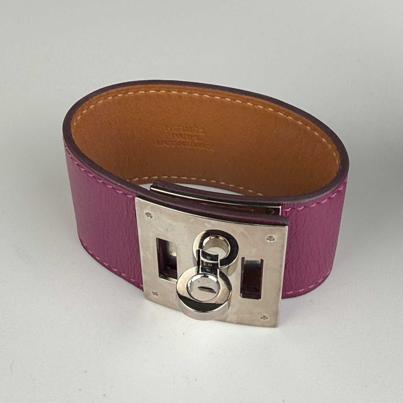 Authentic Hermes Kelly Dog Extreme Leather Metal Bracelet O Stamped Purple