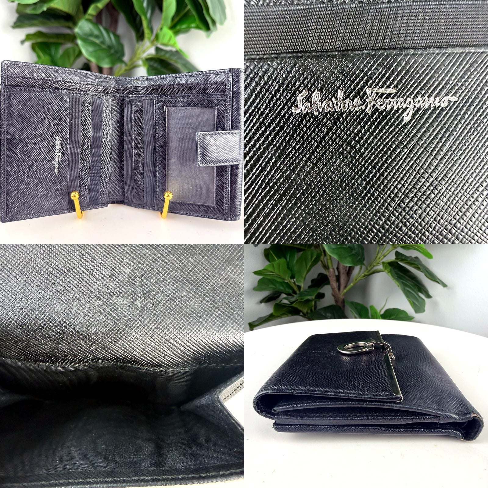Authentic Salvatore Ferragamo Black Saffiano Leather Gancini Wallet