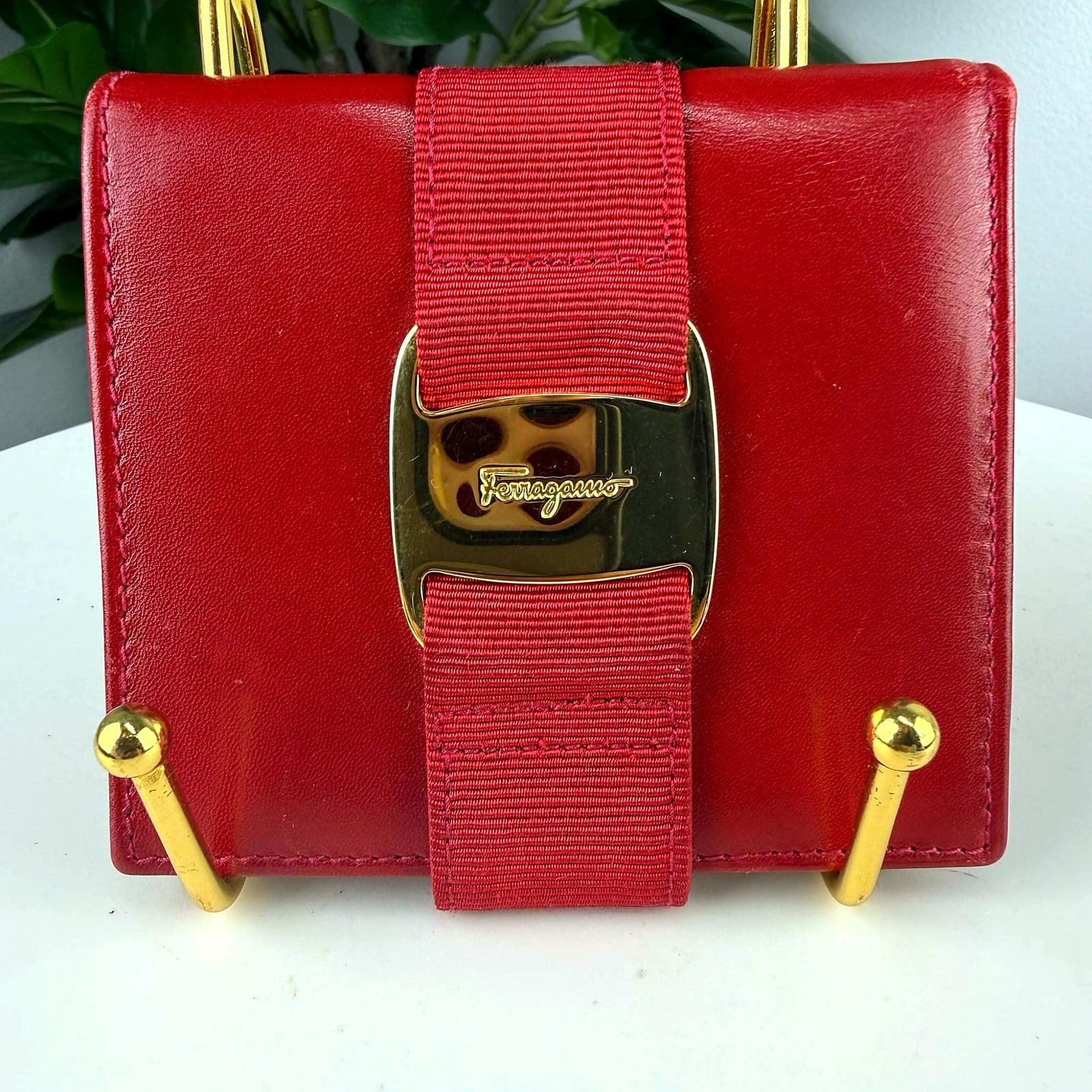 Authentic Salvatore Ferragamo Red Leather Vara Bow Trifold Wallet
